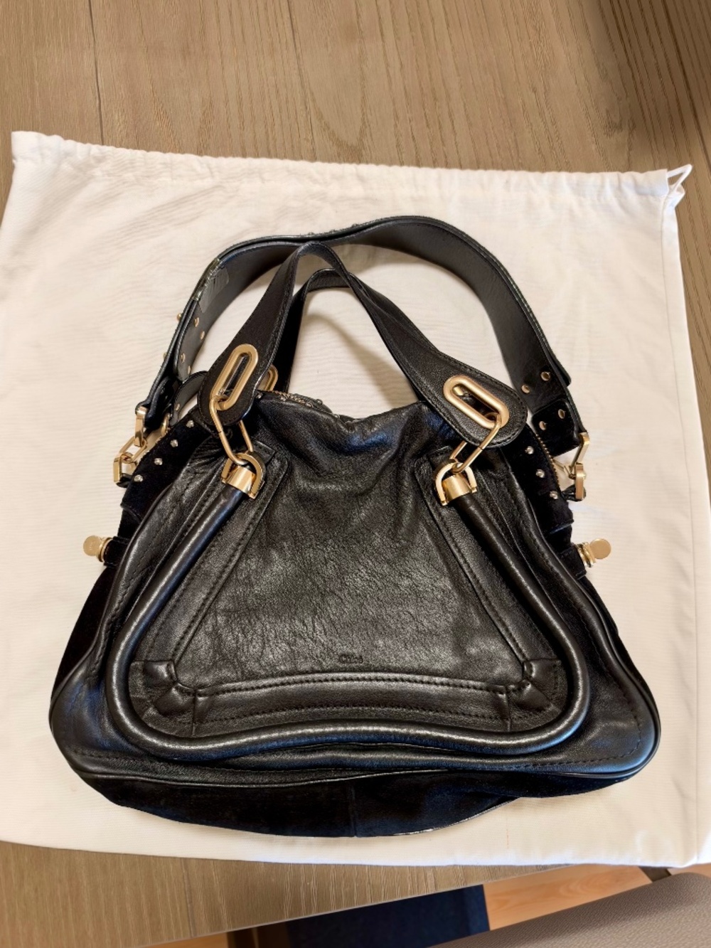 RARE CHLOE PARATY BLACK STUDDED LEATHER SUEDE TOTE SHOULDER HANDBAG